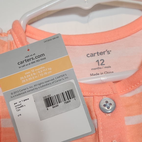 NEW NWT Carter's Baby Girl 12M Neon Orange Stripes Dress Onsie w/ Blue Bird - Picture 5 of 5